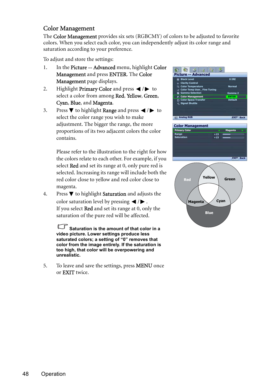 Color management, 48 operation | BenQ SP831 User Manual | Page 48 / 80