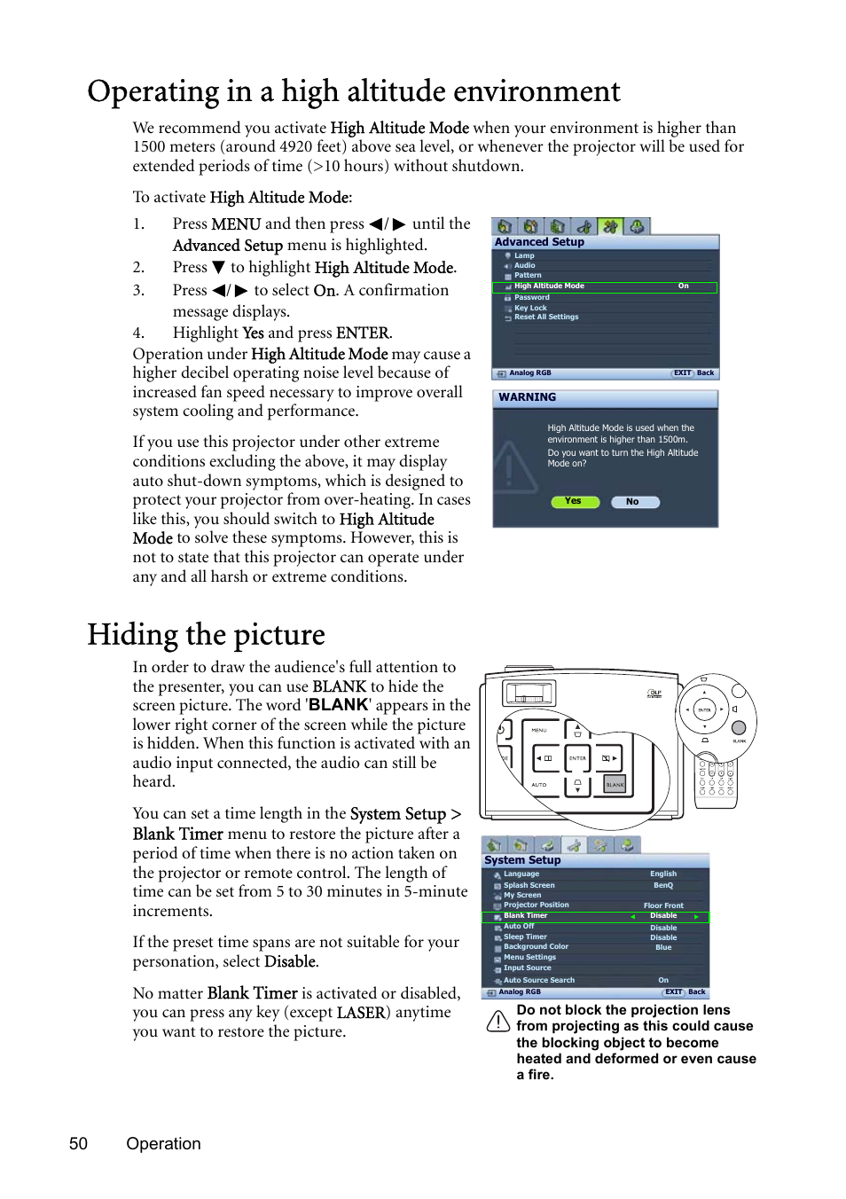 Operating in a high altitude environment, Hiding the picture, System setup > blank timer | Blank timer, 50 operation | BenQ SP831 User Manual | Page 50 / 80