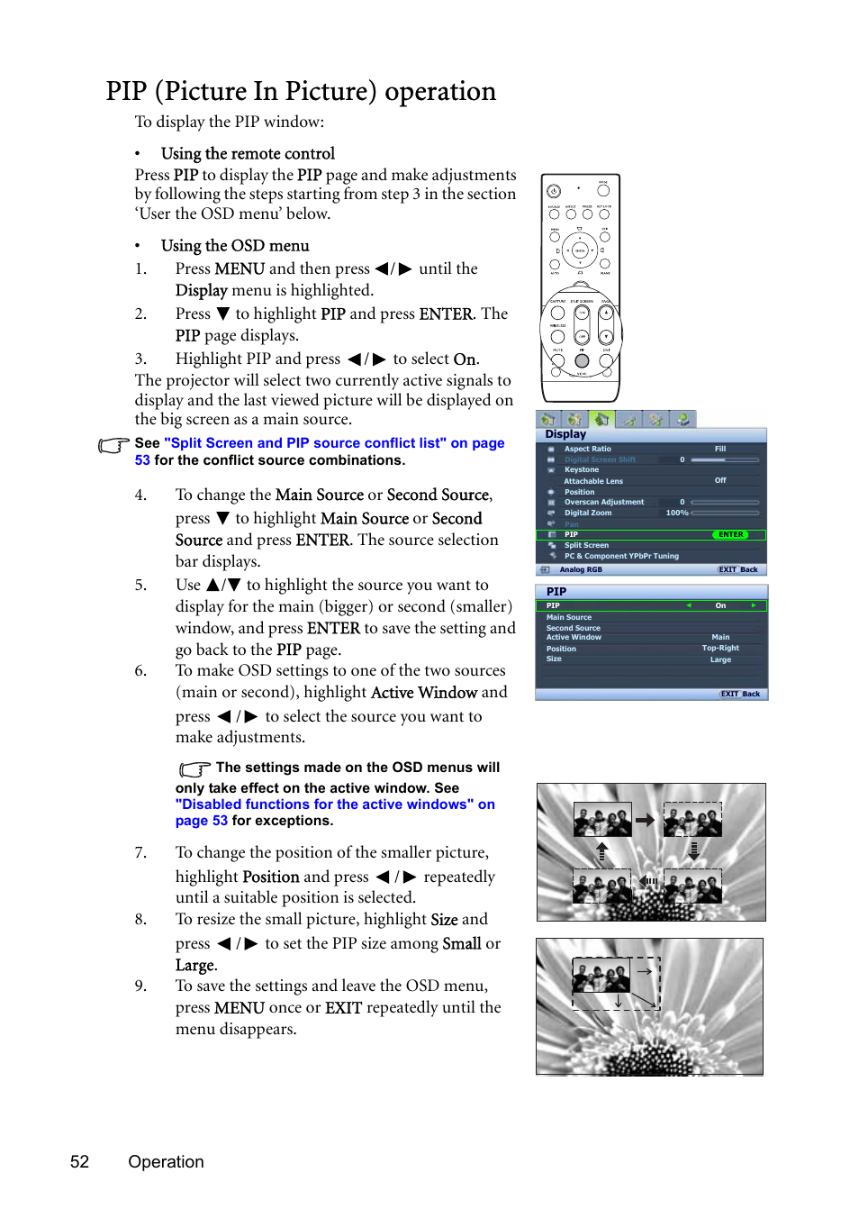 Pip (picture in picture) operation, Pip (picture in, 52 operation | BenQ SP831 User Manual | Page 52 / 80