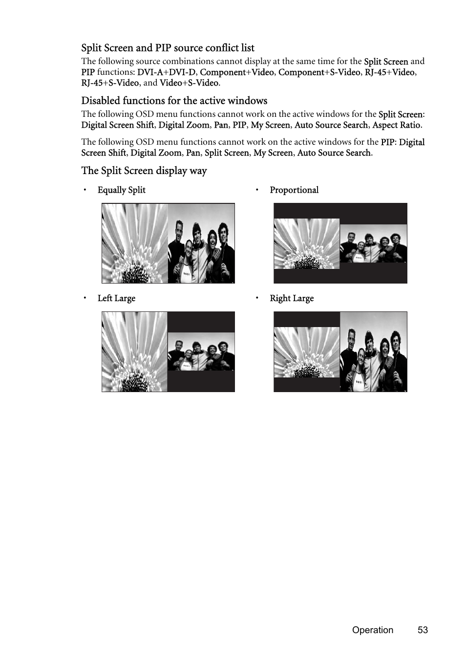 Split screen and pip source conflict list" on, For exc | BenQ SP831 User Manual | Page 53 / 80