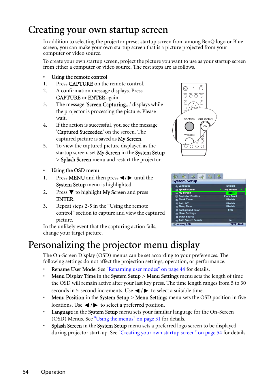 Creating your own startup screen, Personalizing the projector menu display, Creating | BenQ SP831 User Manual | Page 54 / 80