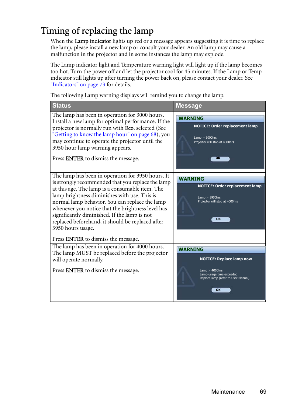 Timing of replacing the lamp | BenQ SP831 User Manual | Page 69 / 80