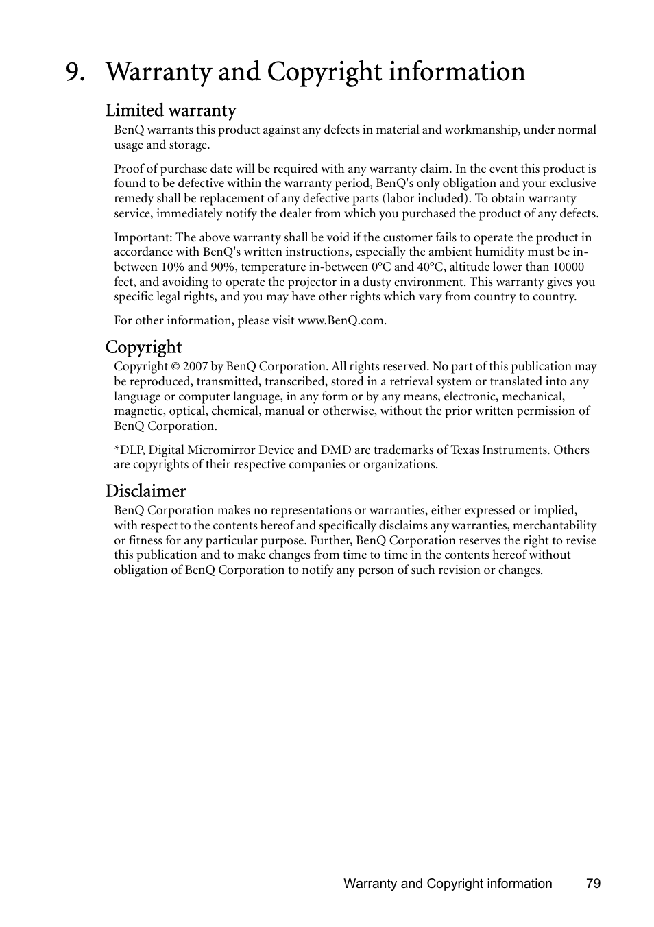 Warranty and copyright information, Limited warranty, Copyright | Disclaimer | BenQ SP831 User Manual | Page 79 / 80