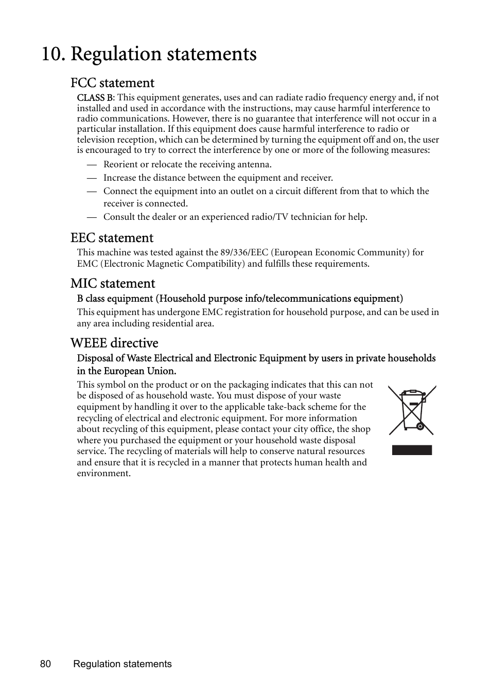 Regulation statements, Fcc statement, Eec statement | Mic statement, Weee directive | BenQ SP831 User Manual | Page 80 / 80