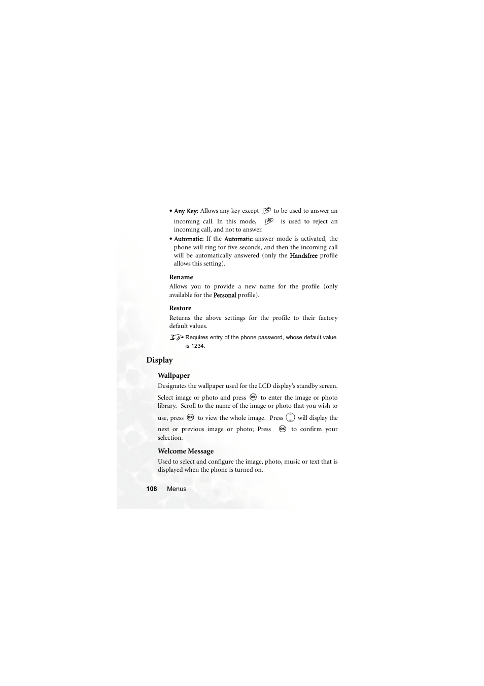 Display, Wallpaper, Welcome message | BenQ M300 User Manual | Page 122 / 138