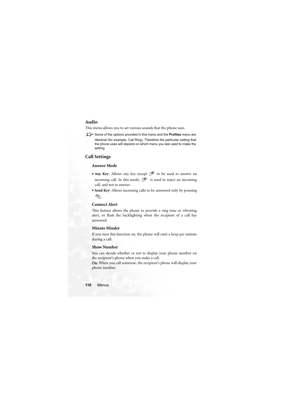 Audio, Call settings, Answer mode | Connect alert, Minute minder, Show number, Audio call settings | BenQ M300 User Manual | Page 124 / 138