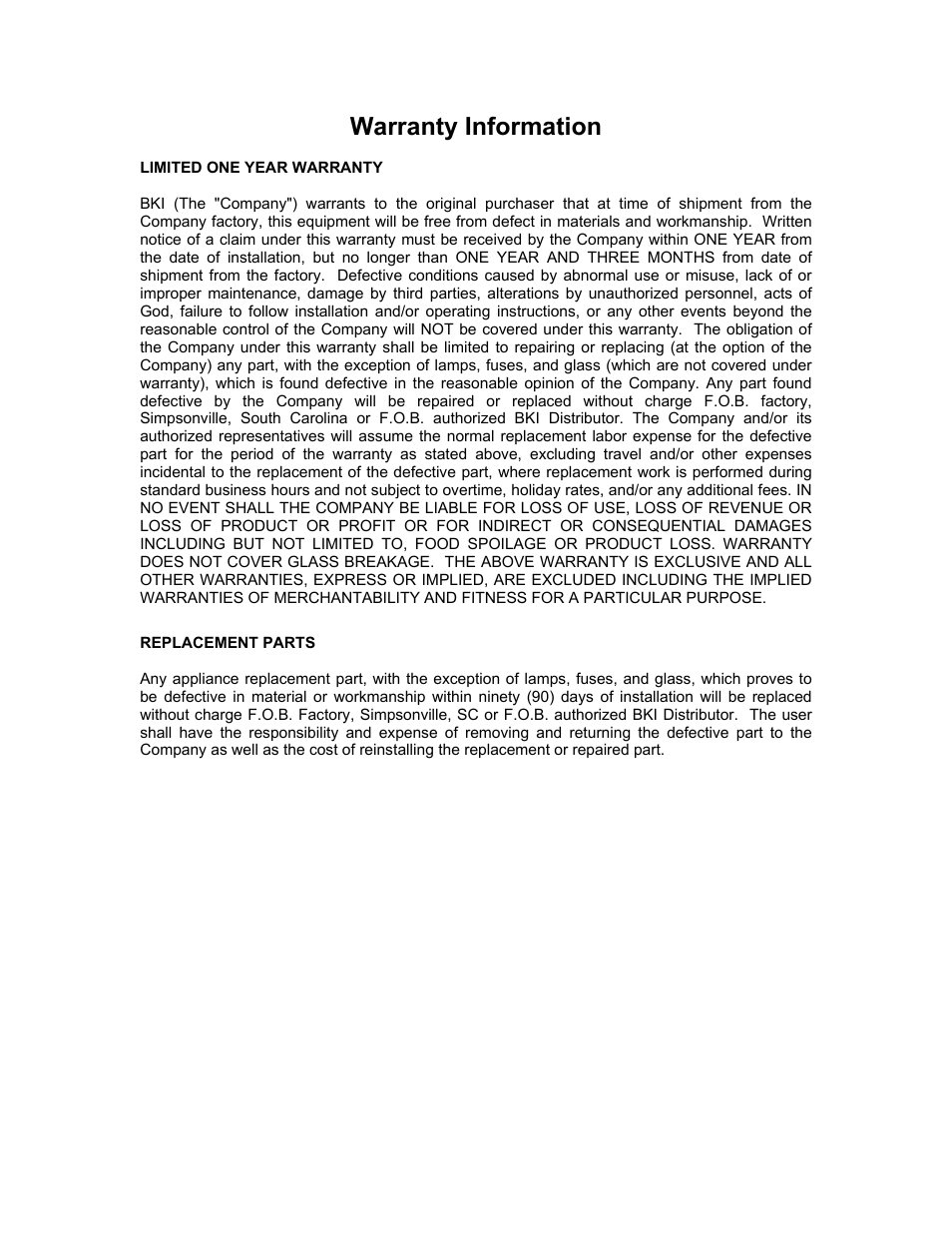 Warranty information | Bakers Pride Fry Warmer FW-12T User Manual | Page 2 / 36