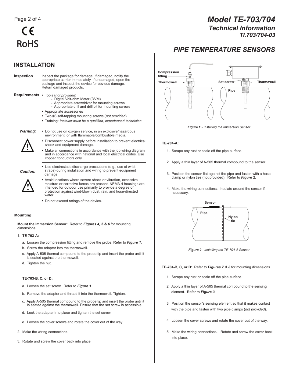 Te-703-704-03_pg2, Rohs, Technical information | Pipe temperature sensors, Installation, Page 2 of 4 | MAMAC Systems TE-704 User Manual | Page 2 / 4