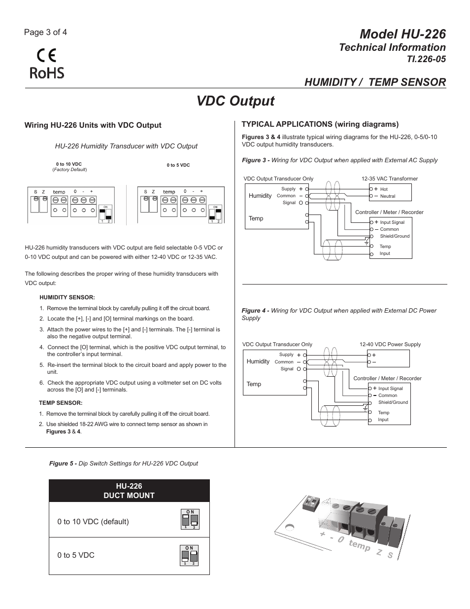 Ti.226-05_pg3, Rohs, Vdc output | Model hu-226, Technical information, Humidity / temp sensor, Page 3 of 4, Z s temp | MAMAC Systems HU-226 User Manual | Page 3 / 4