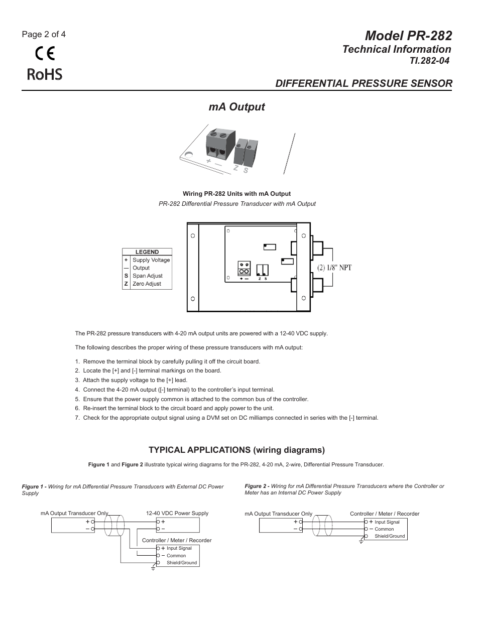 Ti.282-04 pg2, Rohs, Model pr-282 | Technical information, Ma output, Differential pressure sensor, Page 2 of 4, Typical applications (wiring diagrams) | MAMAC Systems PR-282 User Manual | Page 2 / 4