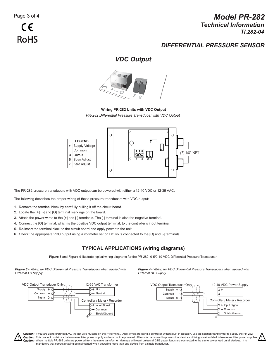 Ti.282-04 pg3, Rohs, Model pr-282 | Technical information, Vdc output, Differential pressure sensor, Page 3 of 4, Typical applications (wiring diagrams) | MAMAC Systems PR-282 User Manual | Page 3 / 4