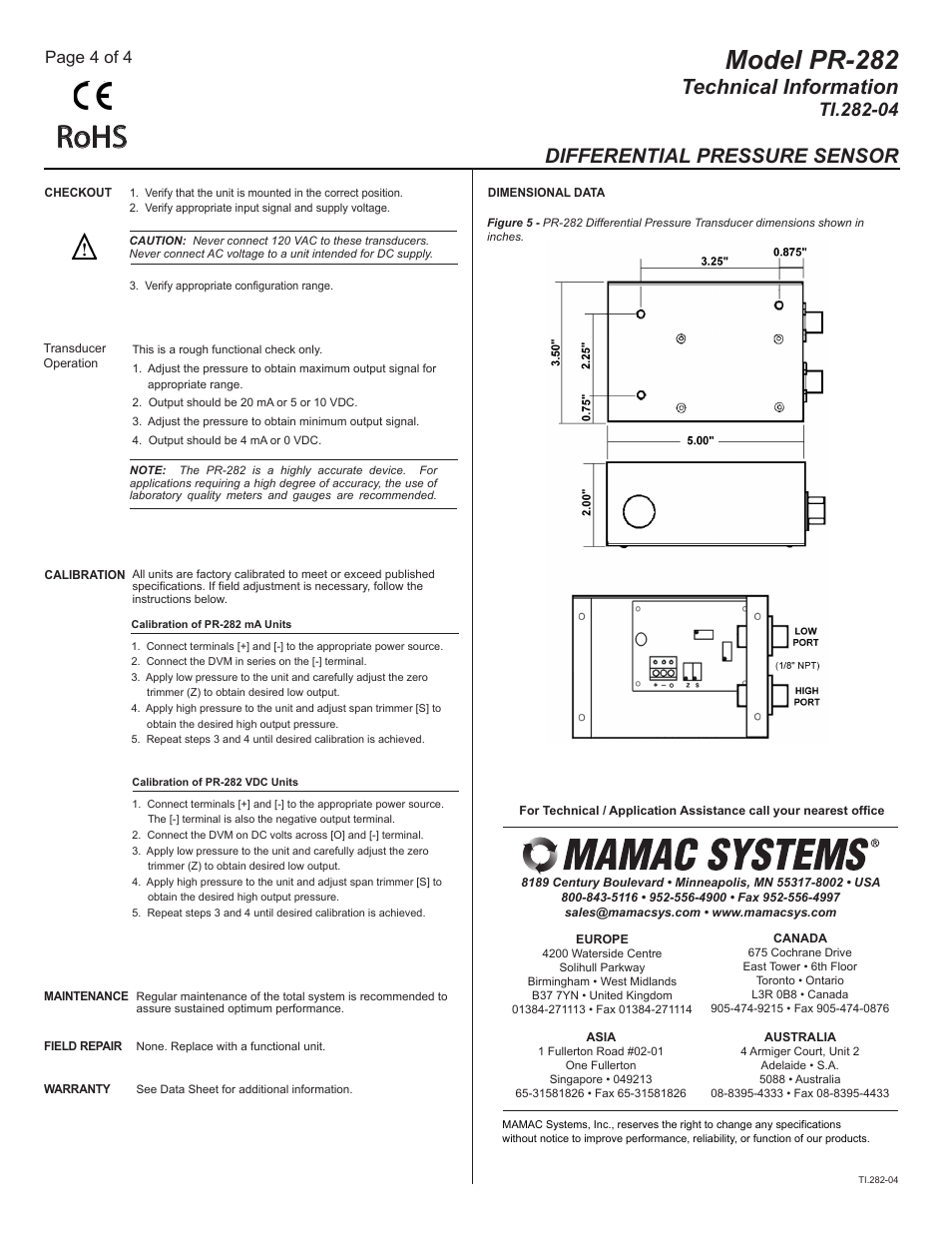 Ti.282-04 pg4, Rohs, Model pr-282 | Technical information, Differential pressure sensor, Page 4 of 4 | MAMAC Systems PR-282 User Manual | Page 4 / 4