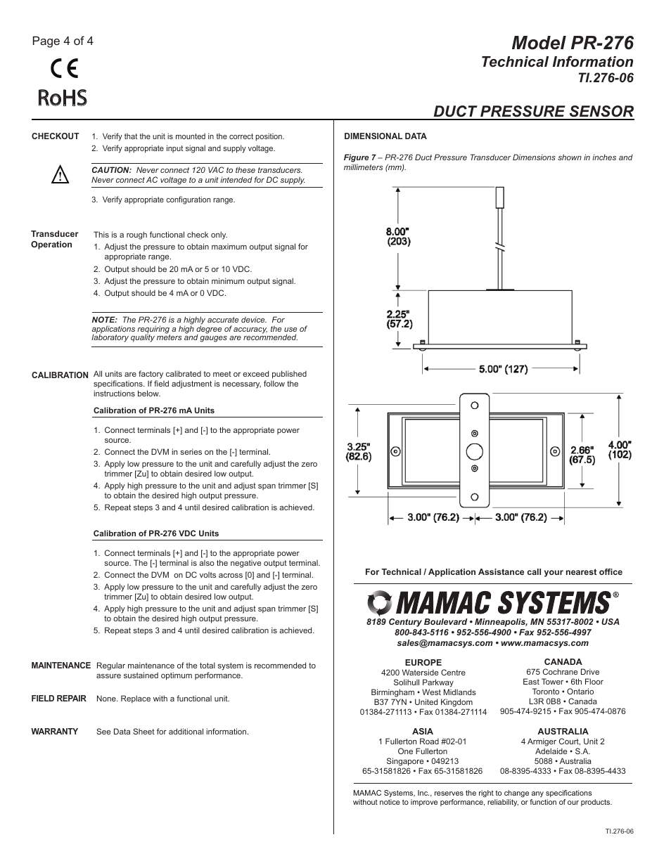 Ti.276-06_pg4, Rohs, Model pr-276 | Technical information, Duct pressure sensor, Page 4 of 4 | MAMAC Systems PR-276 User Manual | Page 4 / 4