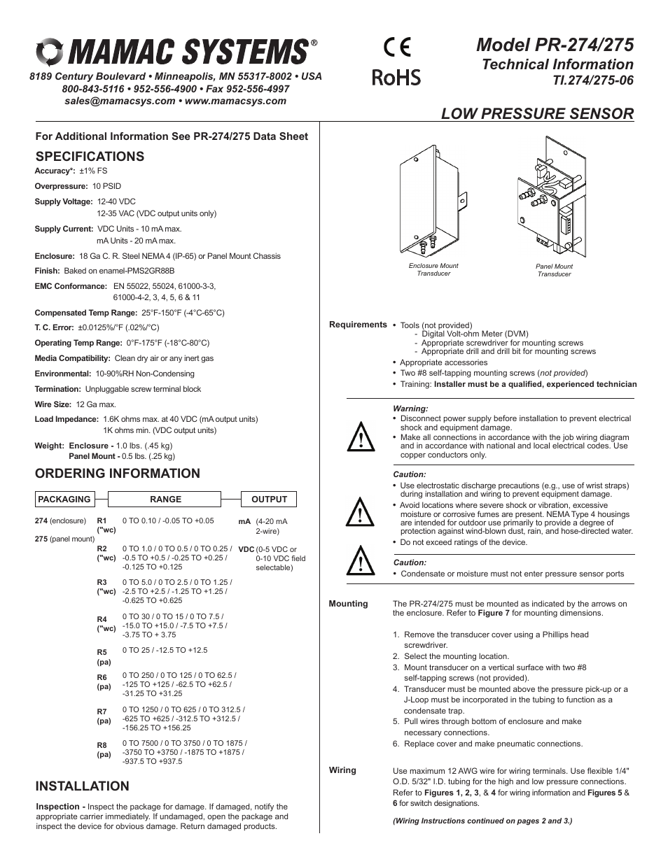 MAMAC Systems PR-275 User Manual | 4 pages