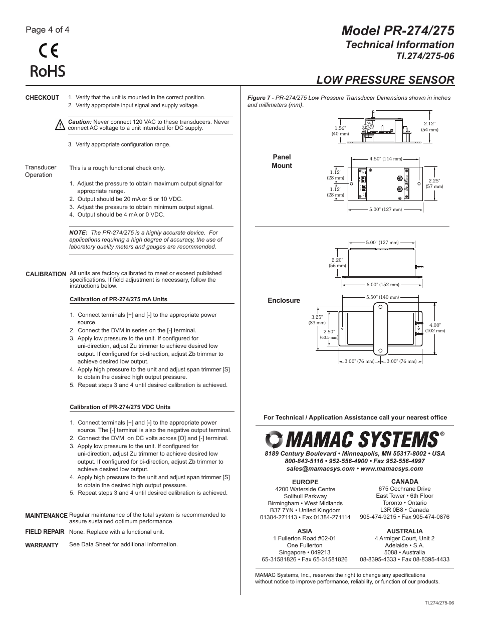 Ti.274.275-06_pg4, Rohs, Technical information | Low pressure sensor, Page 4 of 4 | MAMAC Systems PR-275 User Manual | Page 4 / 4