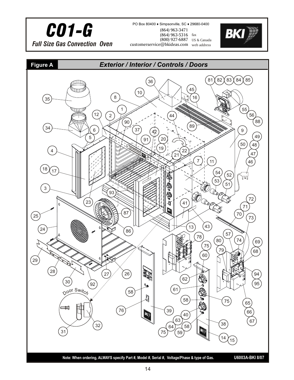 Co1-g, Exterior / interior / controls / doors, Full size gas convection oven | Figure a | Bakers Pride CO1-G User Manual | Page 14 / 16