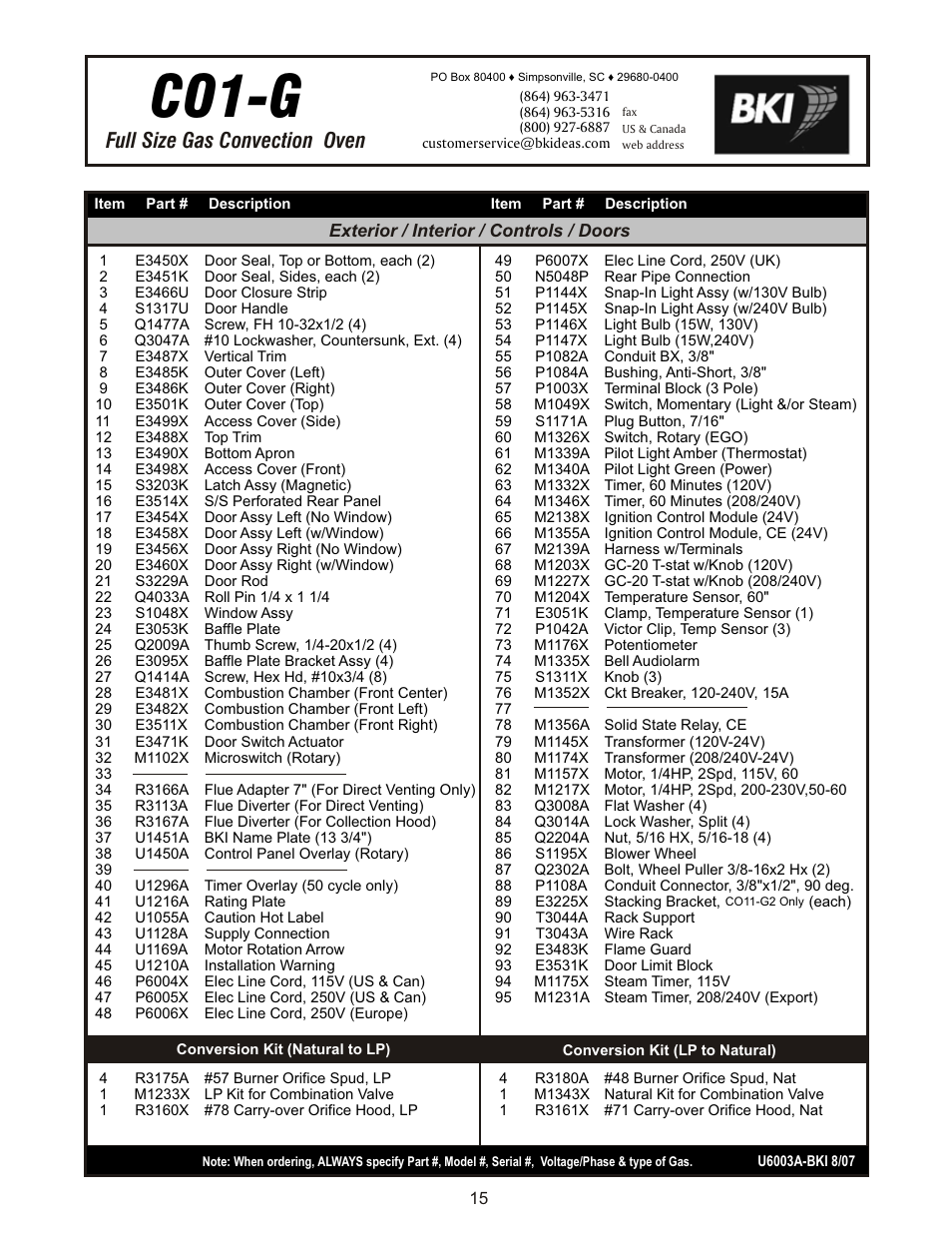 Co1-g, Full size gas convection oven, Exterior / interior / controls / doors | Bakers Pride CO1-G User Manual | Page 15 / 16