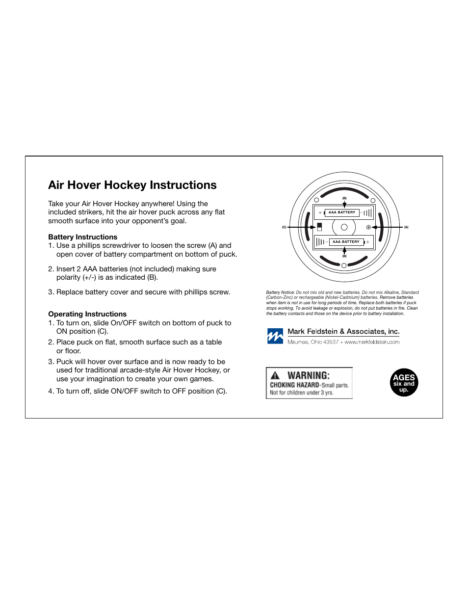Mark Feldstein & Associates Air Hover Hockey User Manual | 1 page