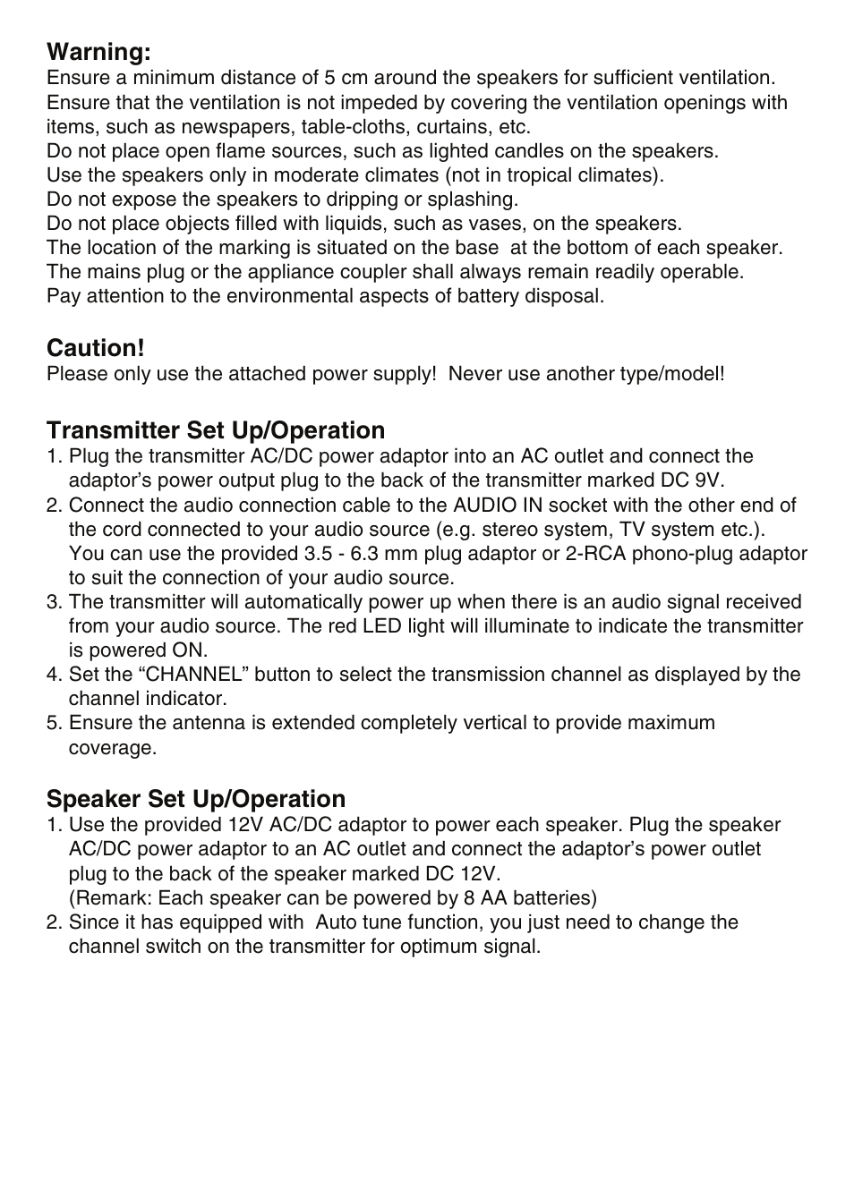 Speaker receiver: transmitter, Warning, Caution | Transmitter set up/operation, Speaker set up/operation | Mark Feldstein & Associates Wireless Indoor Outdoor Bullet Speakers User Manual | Page 5 / 6