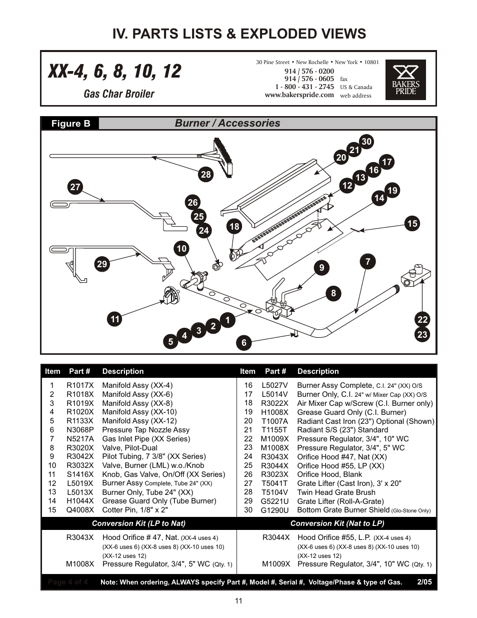 Iv. parts lists & exploded views, Gas char broiler, Burner / accessories | Bakers Pride DANTE XX User Manual | Page 11 / 16