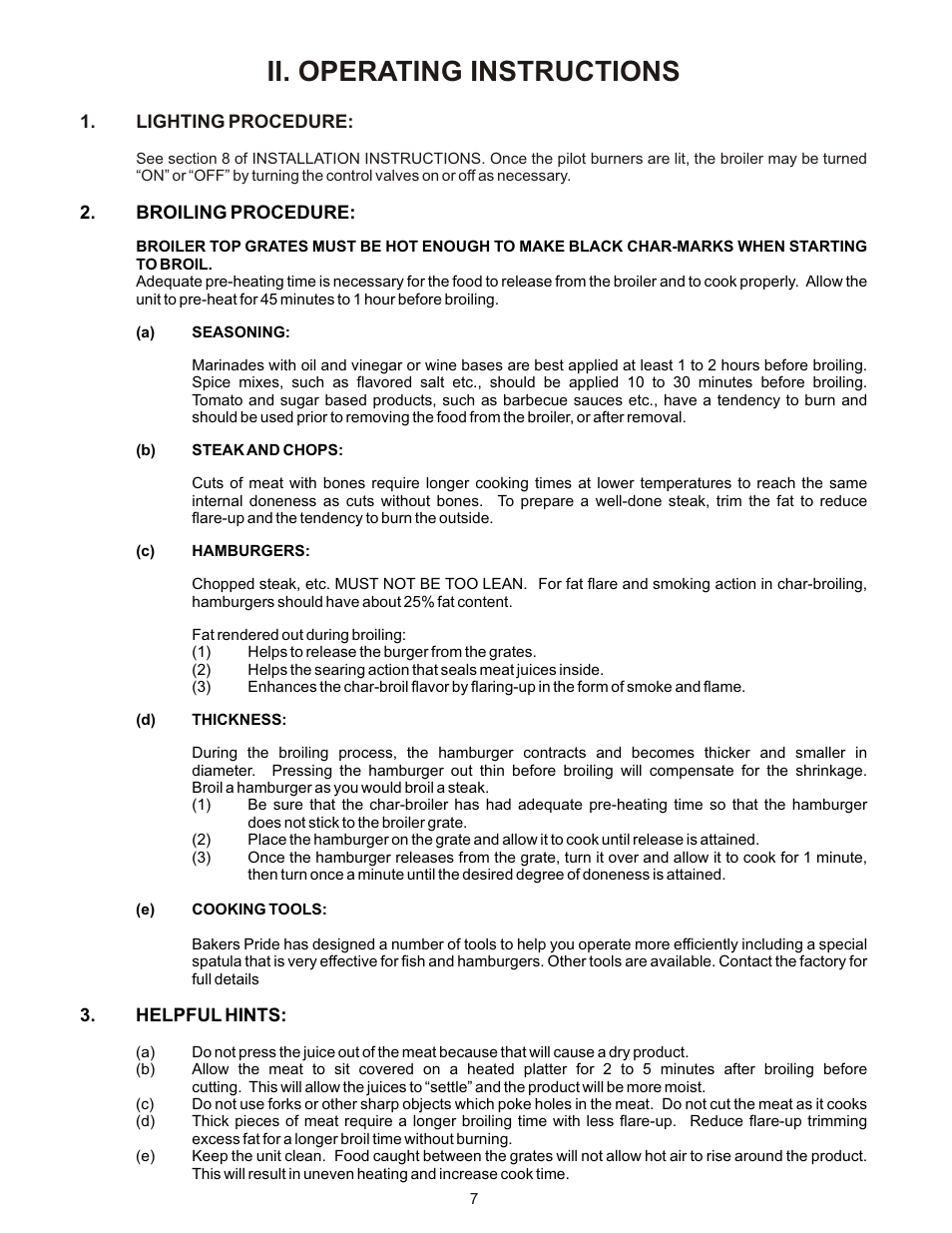 Ii. operating instructions | Bakers Pride DANTE XX User Manual | Page 7 / 16
