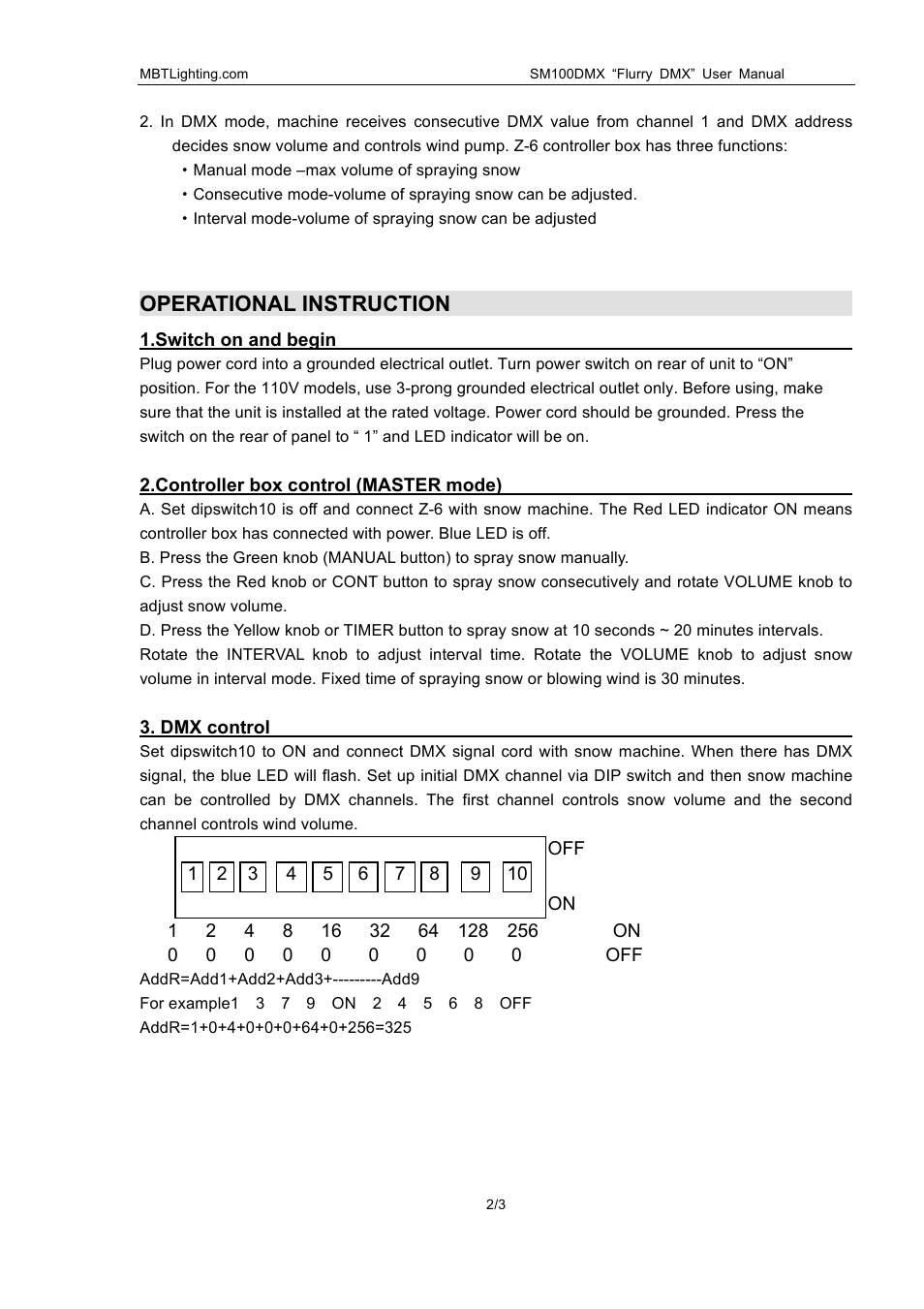 Operational instruction | MBT Lighting SM100DMX User Manual | Page 2 / 3