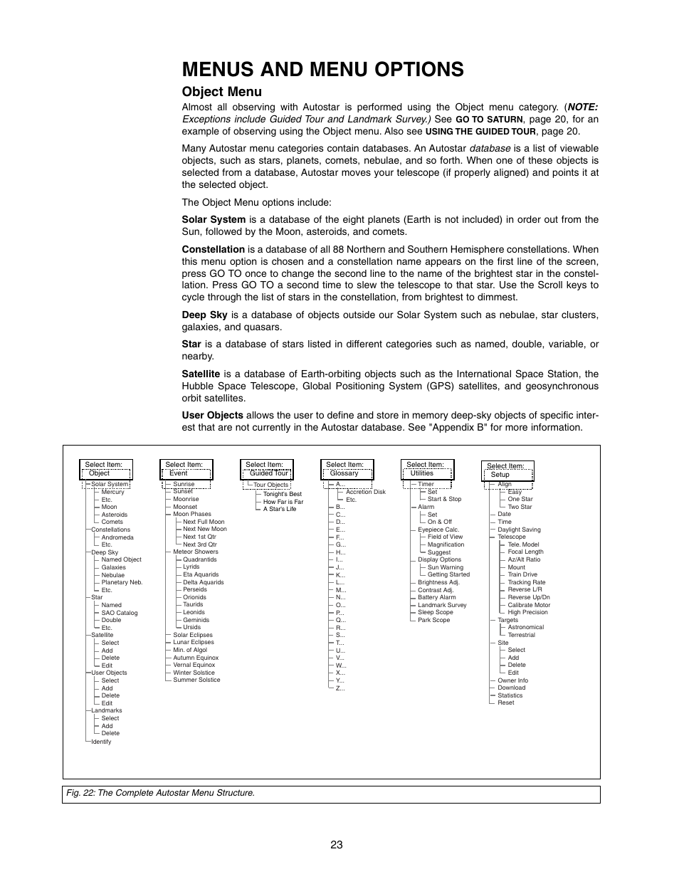 Menus and menu options, Object menu | Meade Instruments DS-2000 (2060,2070,2076,2114,2130) User Manual | Page 23 / 44