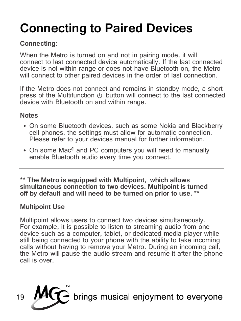 Connecting to paired devices | MEElectronics Air-Fi Metro AF71 User Manual | Page 22 / 35