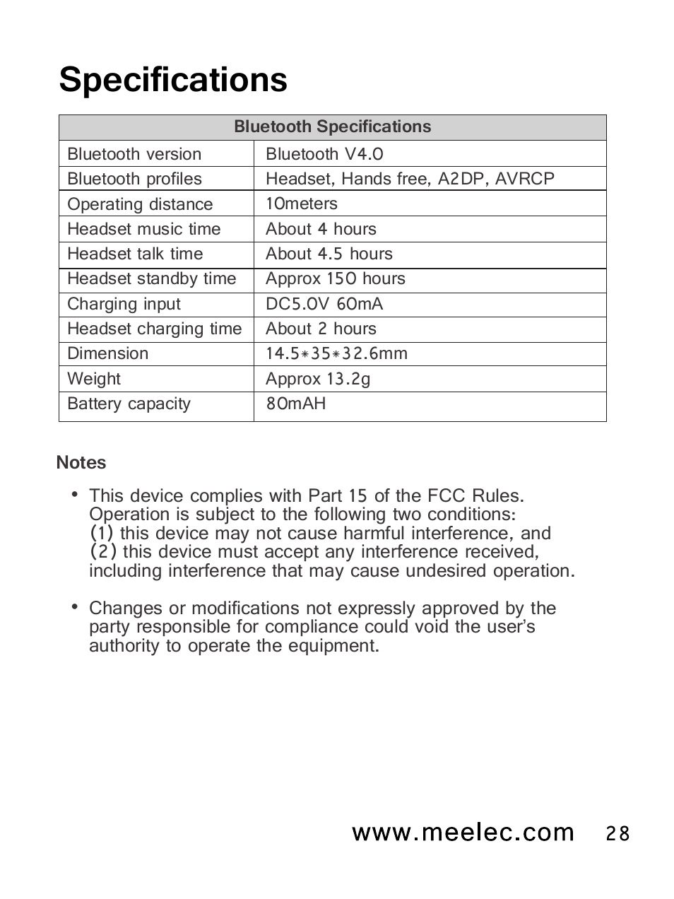 Specifications | MEElectronics Air-Fi Metro AF71 User Manual | Page 31 / 35