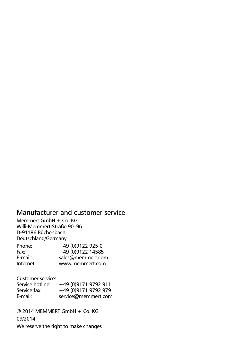 Manufacturer and customer service | Memmert AtmoCONTROL User Manual | Page 2 / 36
