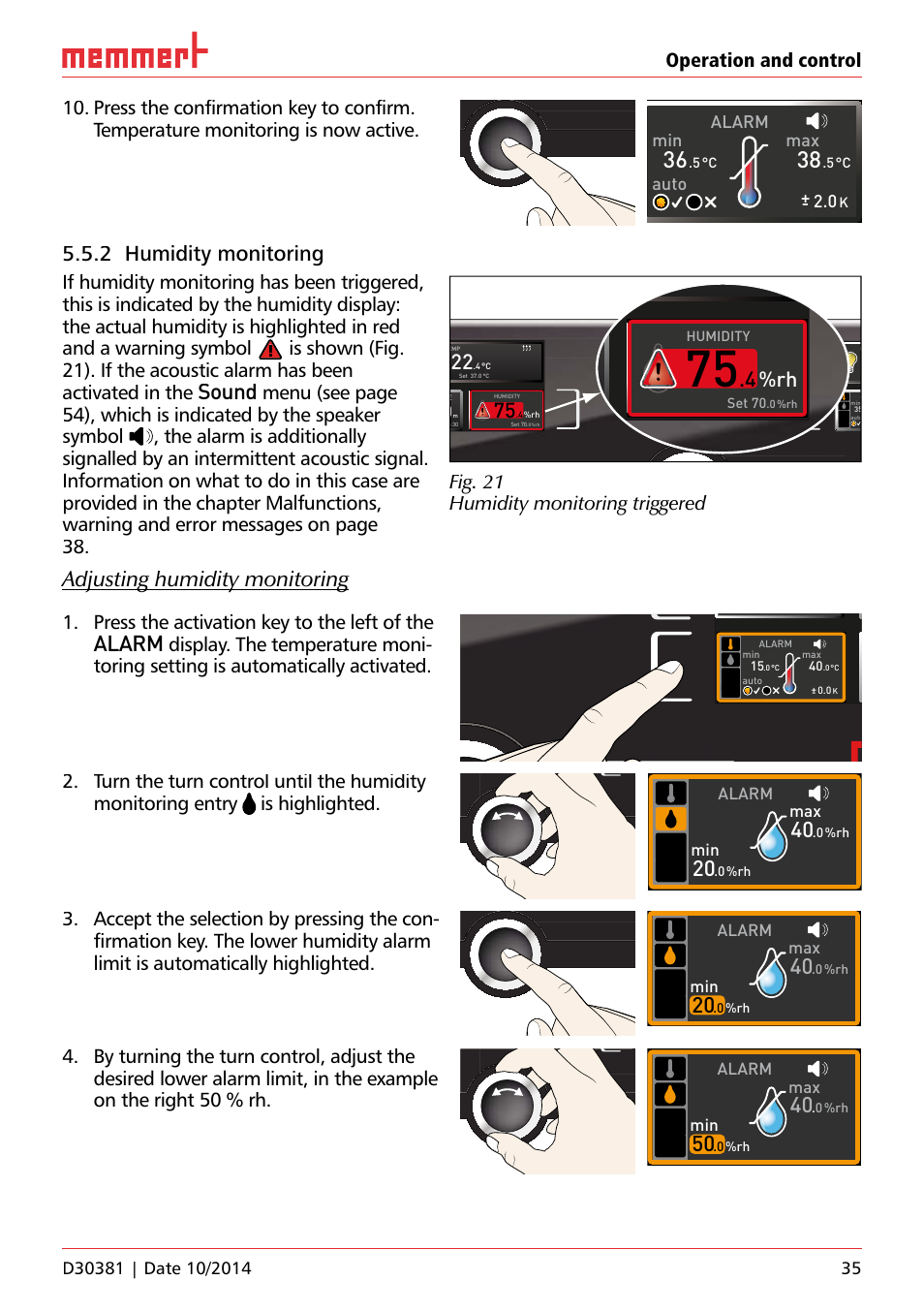On 44, Uf 110, Hauptschalter | 4%rh, Lichtboxen, 2 humidity monitoring, Sound, Adjusting humidity monitoring, Alarm, 0%rh | Memmert ICH/ ICH L Climate chambers User Manual | Page 35 / 64