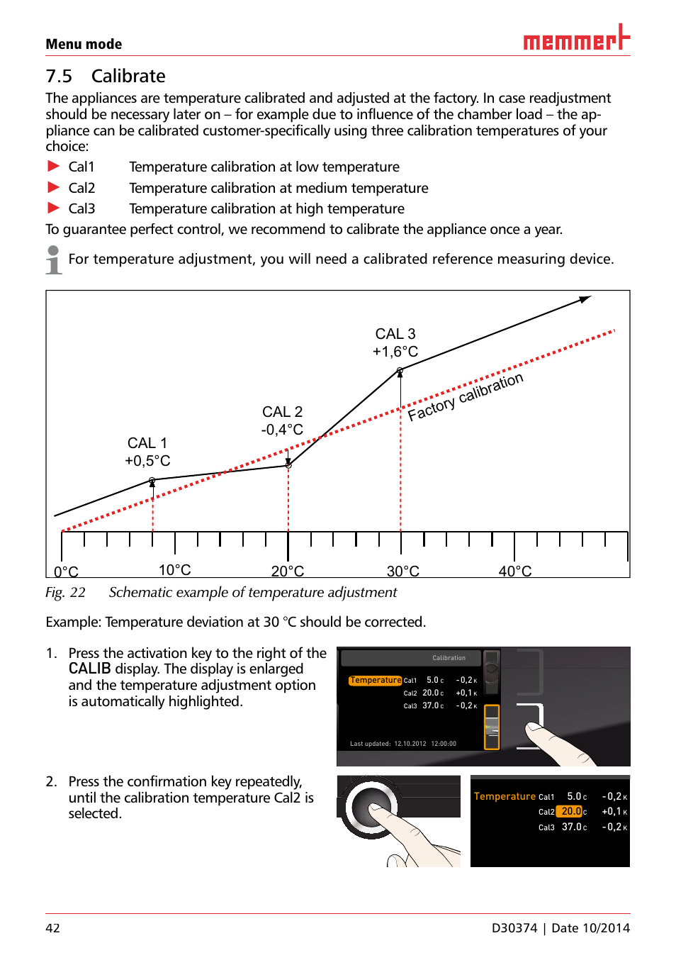 5 calibrate, Ufp 100, Calib | Menu mode, Cal1 temperature calibration at low temperature, Cal2 temperature calibration at medium temperature | Memmert ICP Compressor-cooled incubators User Manual | Page 42 / 56