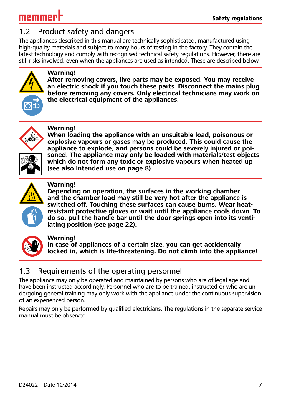 2 product safety and dangers, 3 requirements of the operating personnel | Memmert Universal ovens U, Incubators I, Sterilisers S User Manual | Page 7 / 48