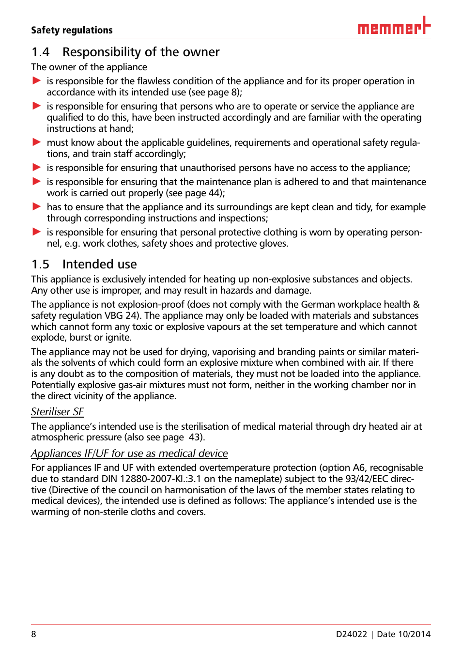4 responsibility of the owner, 5 intended use | Memmert Universal ovens U, Incubators I, Sterilisers S User Manual | Page 8 / 48