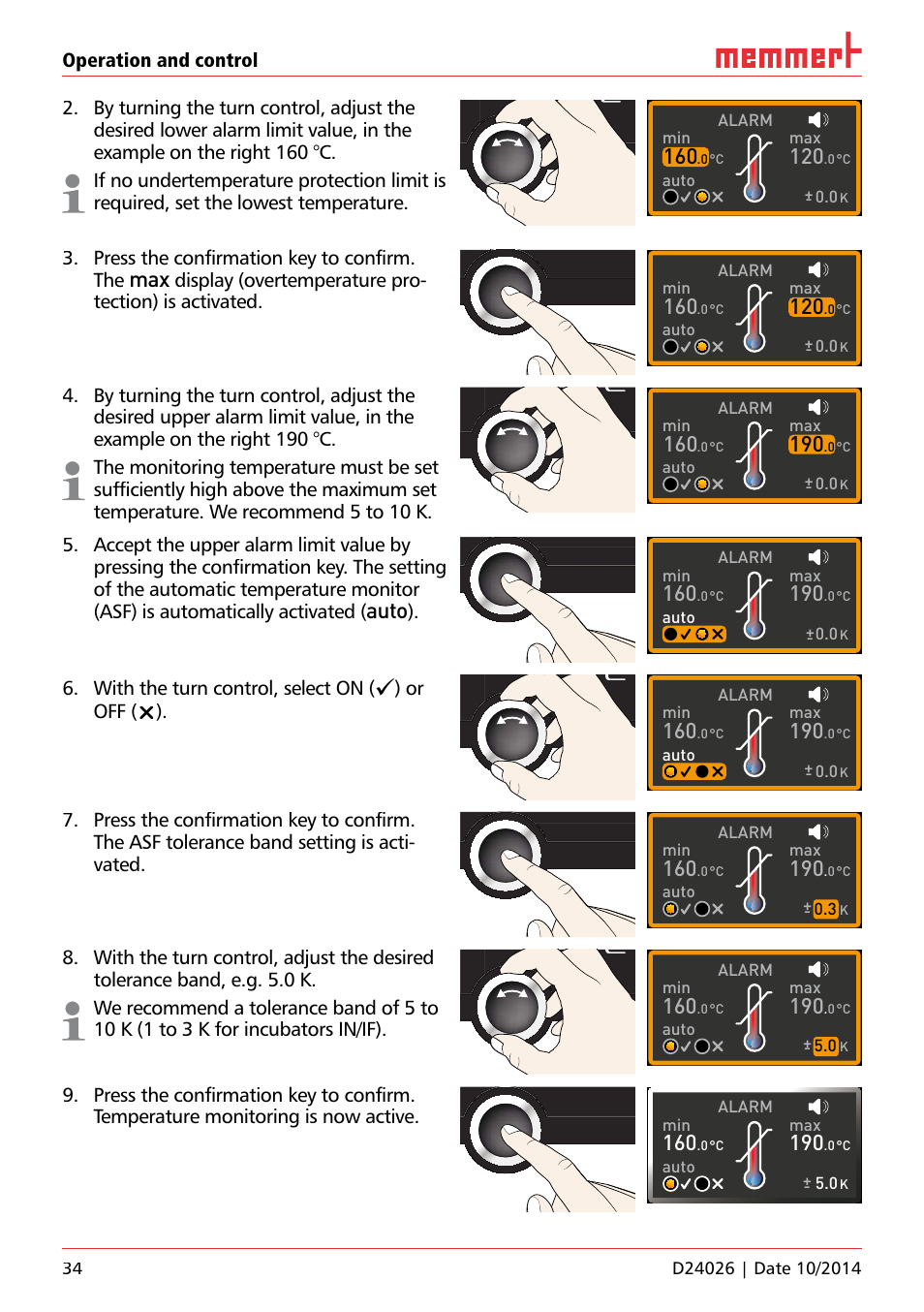 Auto, Press the confirmation key to confirm. the, Display (overtemperature pro | Tection) is activated, With the turn control, select on, Or off (), Alarm, Auto max, Alarm max, Uf 110 | Memmert Universal ovens U plus, Incubators I plus, Sterilisers S plus User Manual | Page 34 / 60