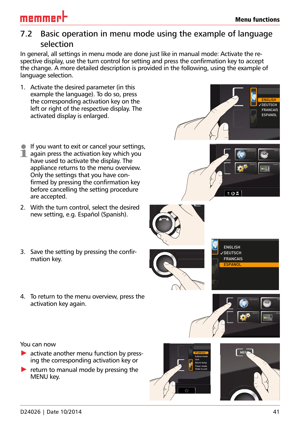 Ufp 100, Menu functions, You can now | Return to manual mode by pressing the menu key, Uf 110, Hauptschalter, English deutsch espanol francais | Memmert Universal ovens U plus, Incubators I plus, Sterilisers S plus User Manual | Page 41 / 60