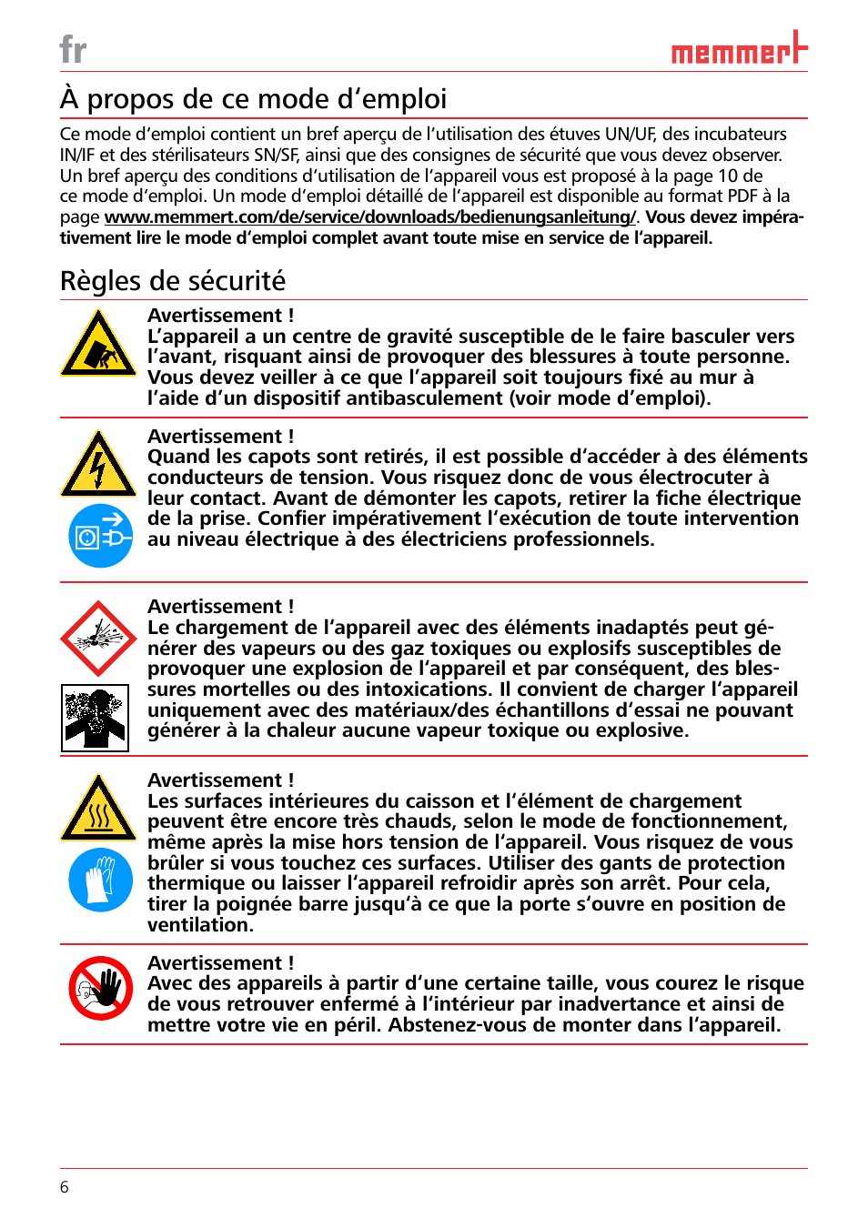 À propos de ce mode d‘emploi, Règles de sécurité | Memmert Universal ovens U, Incubators I, Sterilisers S (Quick Guides) User Manual | Page 6 / 12