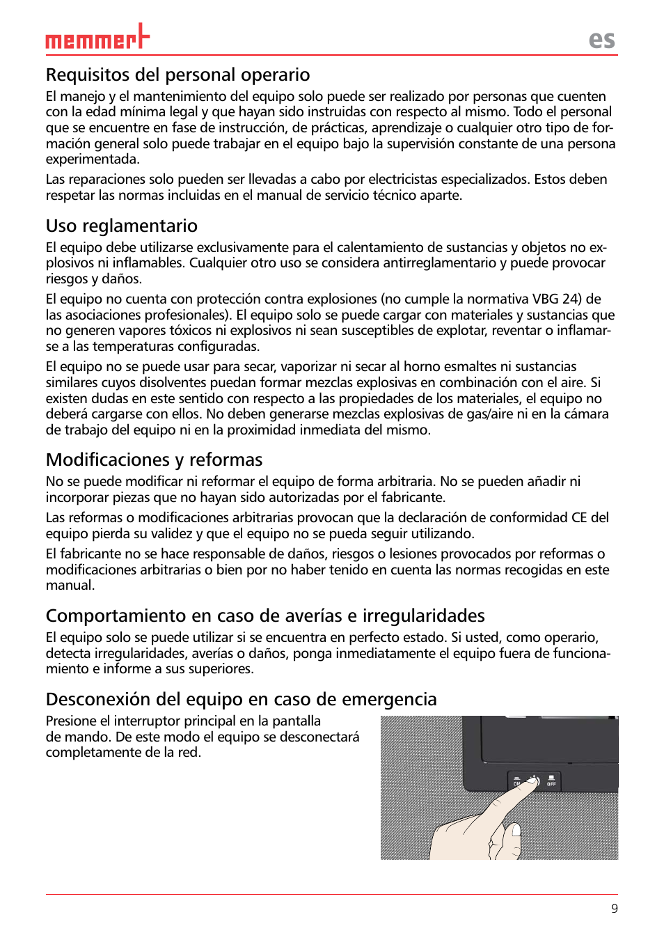 Requisitos del personal operario, Uso reglamentario, Modifi caciones y reformas | Desconexión del equipo en caso de emergencia | Memmert Universal ovens U, Incubators I, Sterilisers S (Quick Guides) User Manual | Page 9 / 12
