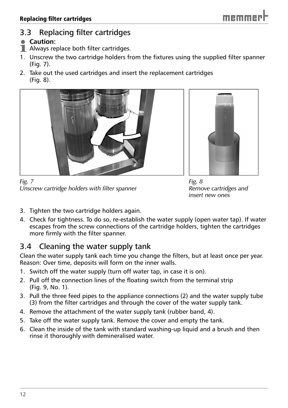 3 replacing fi lter cartridges, 4 cleaning the water supply tank | Memmert Central water supply User Manual | Page 12 / 16