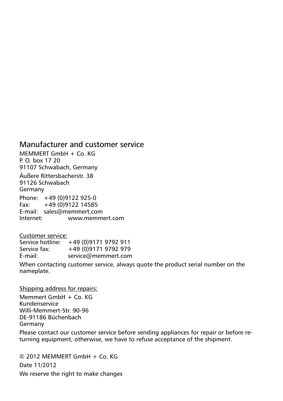 Manufacturer and customer service | Memmert Central water supply User Manual | Page 2 / 16