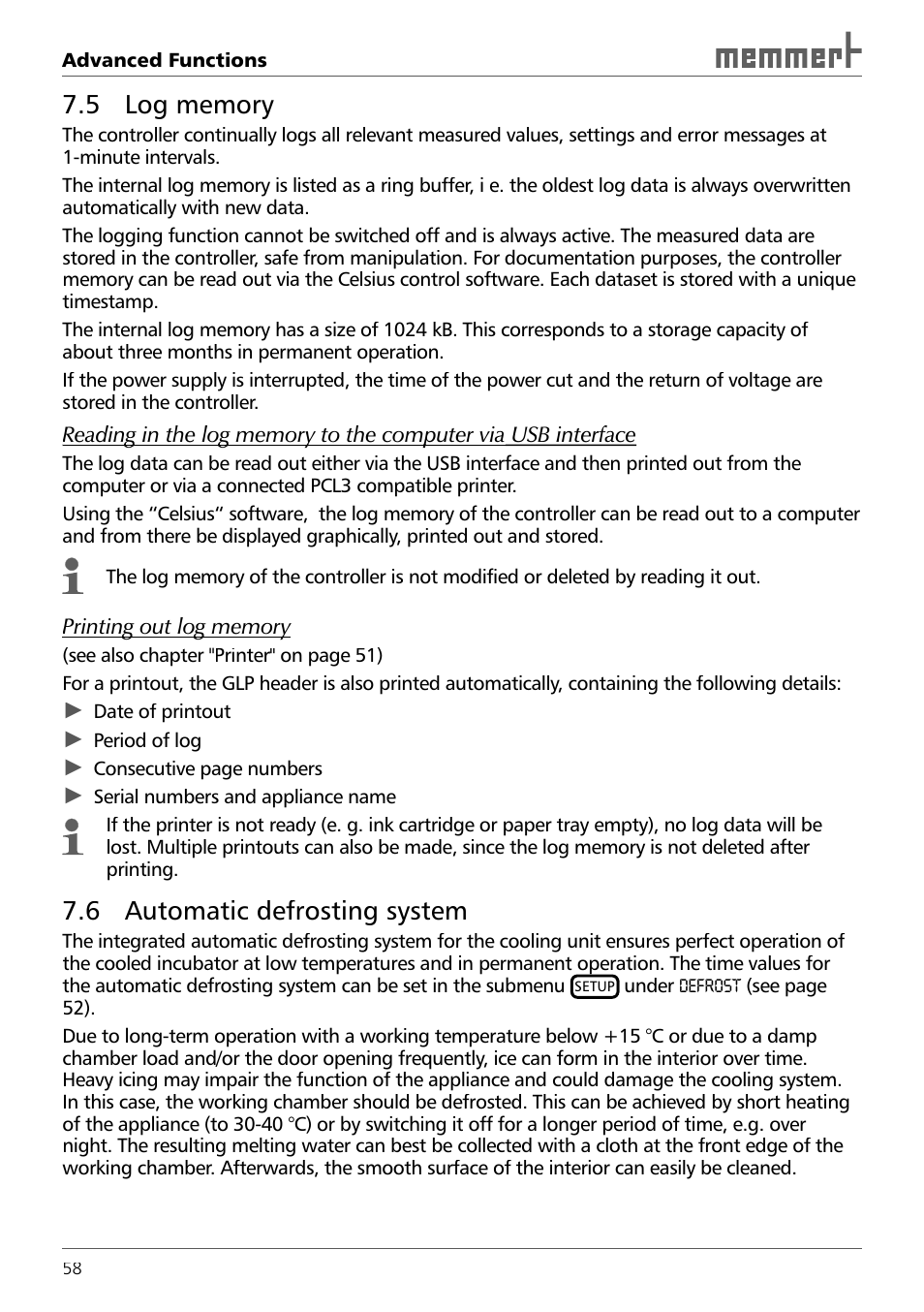 5 log memory, 6 automatic defrosting system | Memmert ICH 256 Climate Chambers (Generation 2003) User Manual | Page 58 / 72