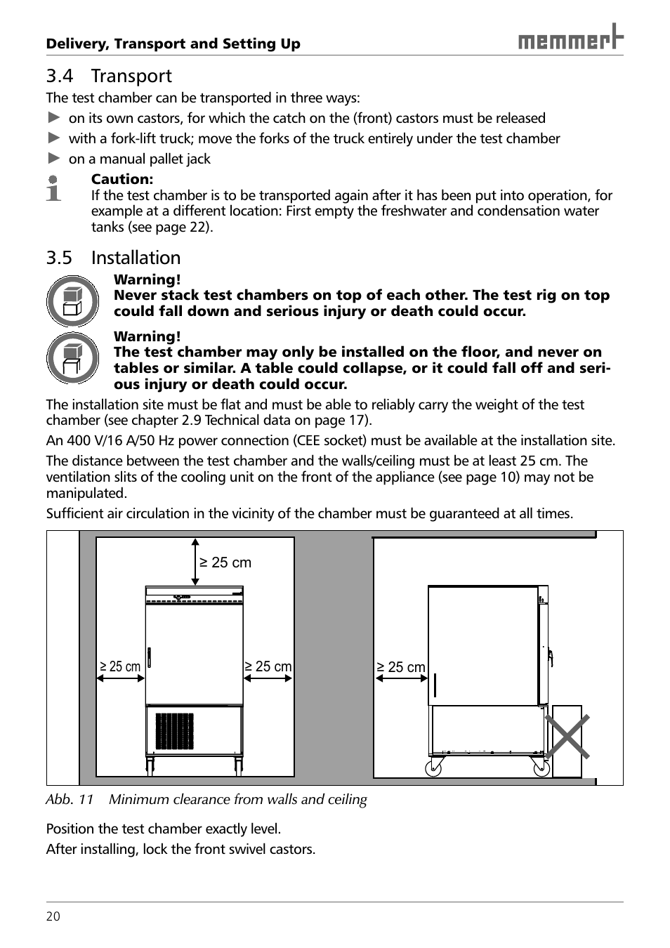 4 transport, 5 installation | Memmert TTC 256 Temperature test chamber (Generation 2003) User Manual | Page 20 / 68