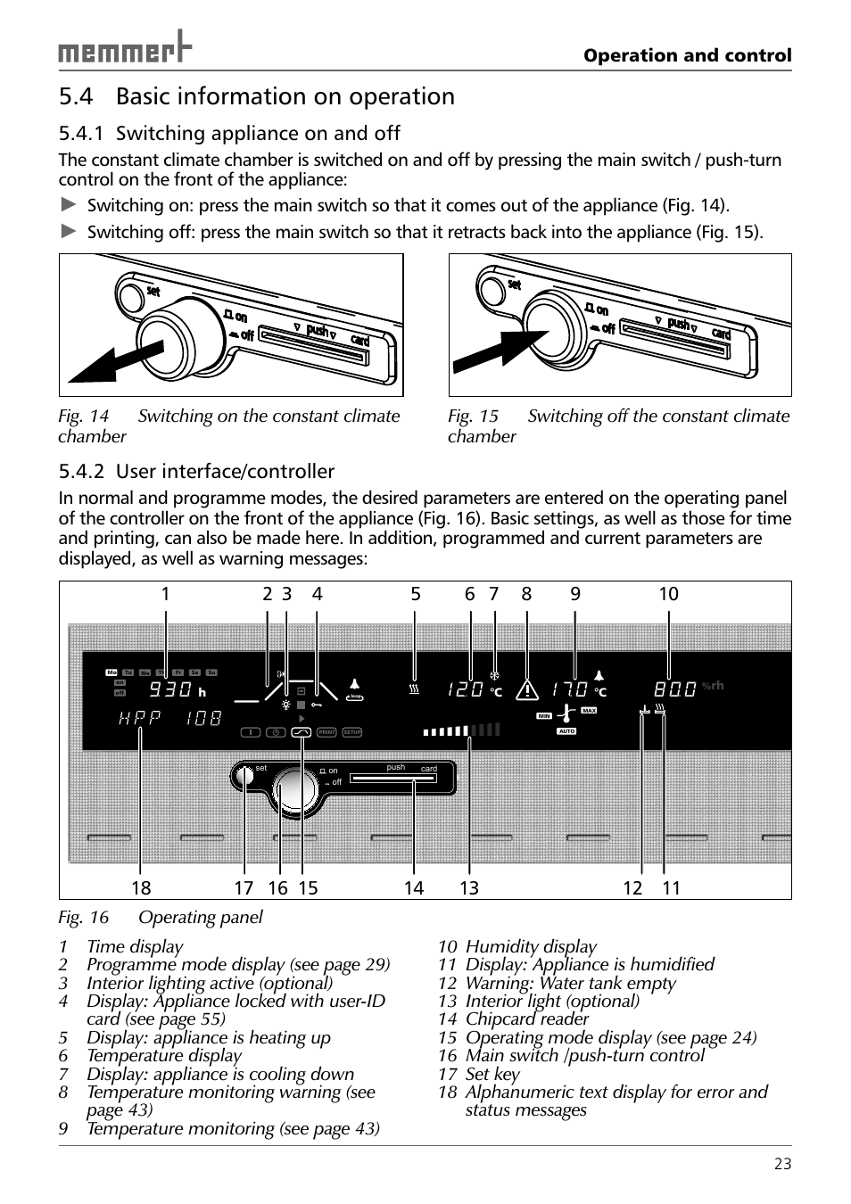 4 basic information on operation, 1 switching appliance on and off, 2 user interface/ controller | Operation and control | Memmert HPP 108/749 Constant climate chamber (Generation 2003) User Manual | Page 23 / 60