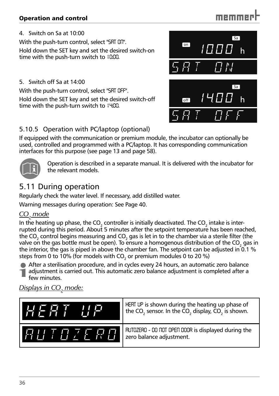 11 during operation, 5 operation with pc/ laptop (optional), Mode | Displays in co | Memmert INCO 246/246 med CO2 Incubators (Generation 2003) User Manual | Page 36 / 68