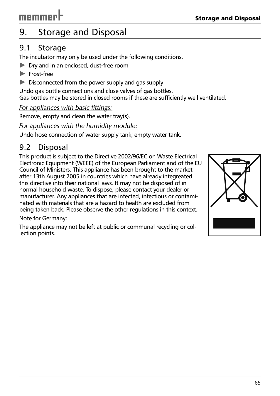 Storage and disposal, 1 storage, 2 disposal | Memmert INCO 246/246 med CO2 Incubators (Generation 2003) User Manual | Page 65 / 68