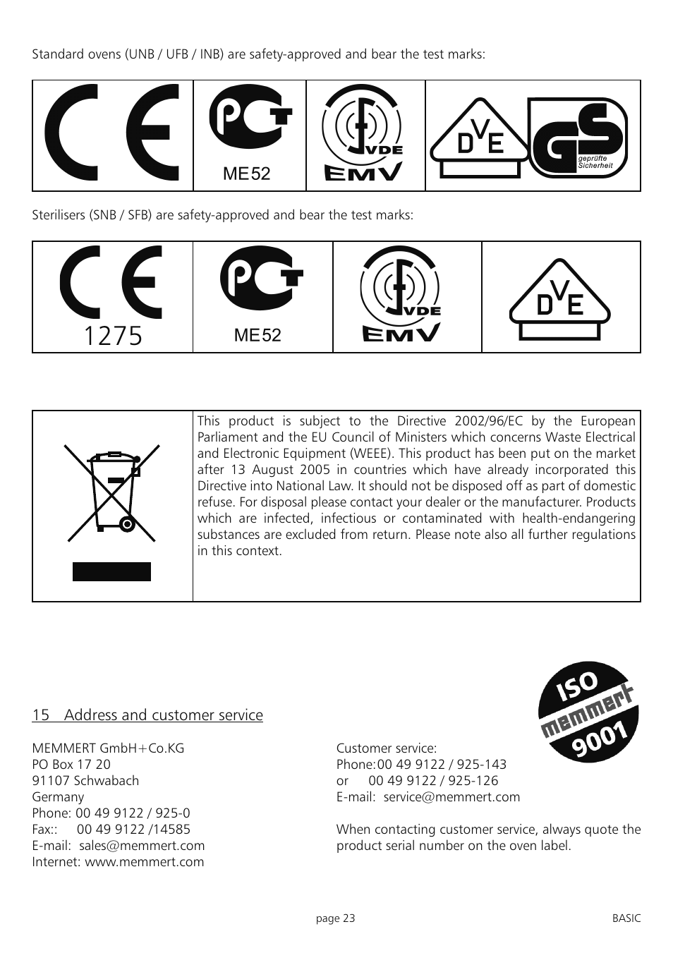 Memmert INB 200 - 500 Incubators (Generation 2003) User Manual | Page 23 / 28