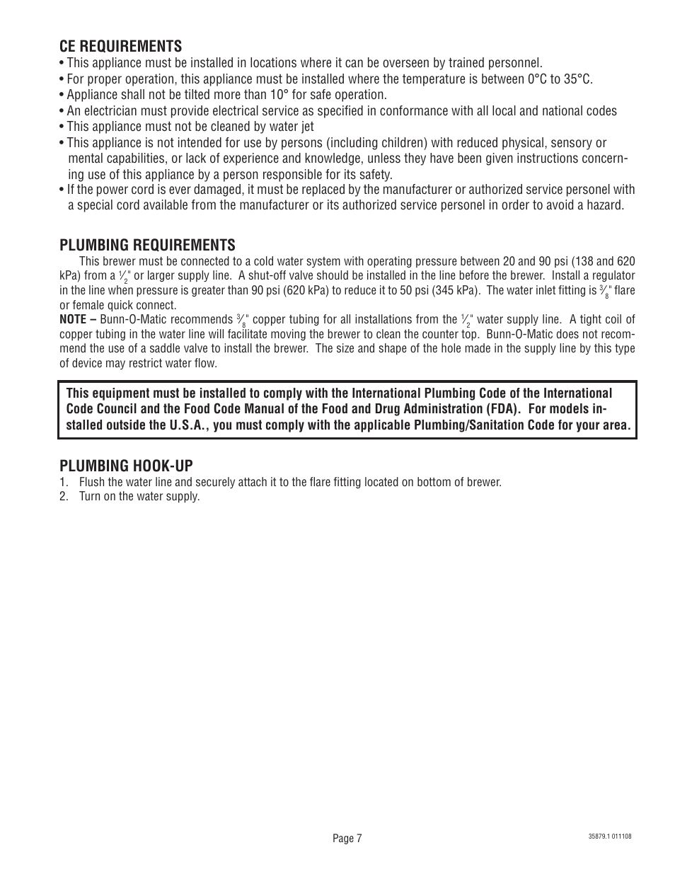 Plumbing requirements, Plumbing hook-up, Ce requirements | Bunn W/SMART FUNNEL S/N SNG0033000 & UP User Manual | Page 7 / 54