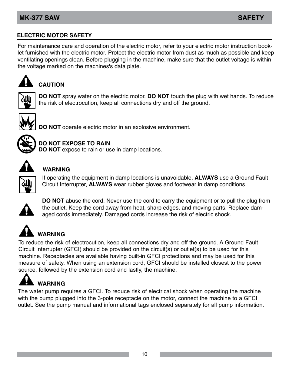 Mk-377 saw safety | MK Diamond MK-377 User Manual | Page 10 / 36