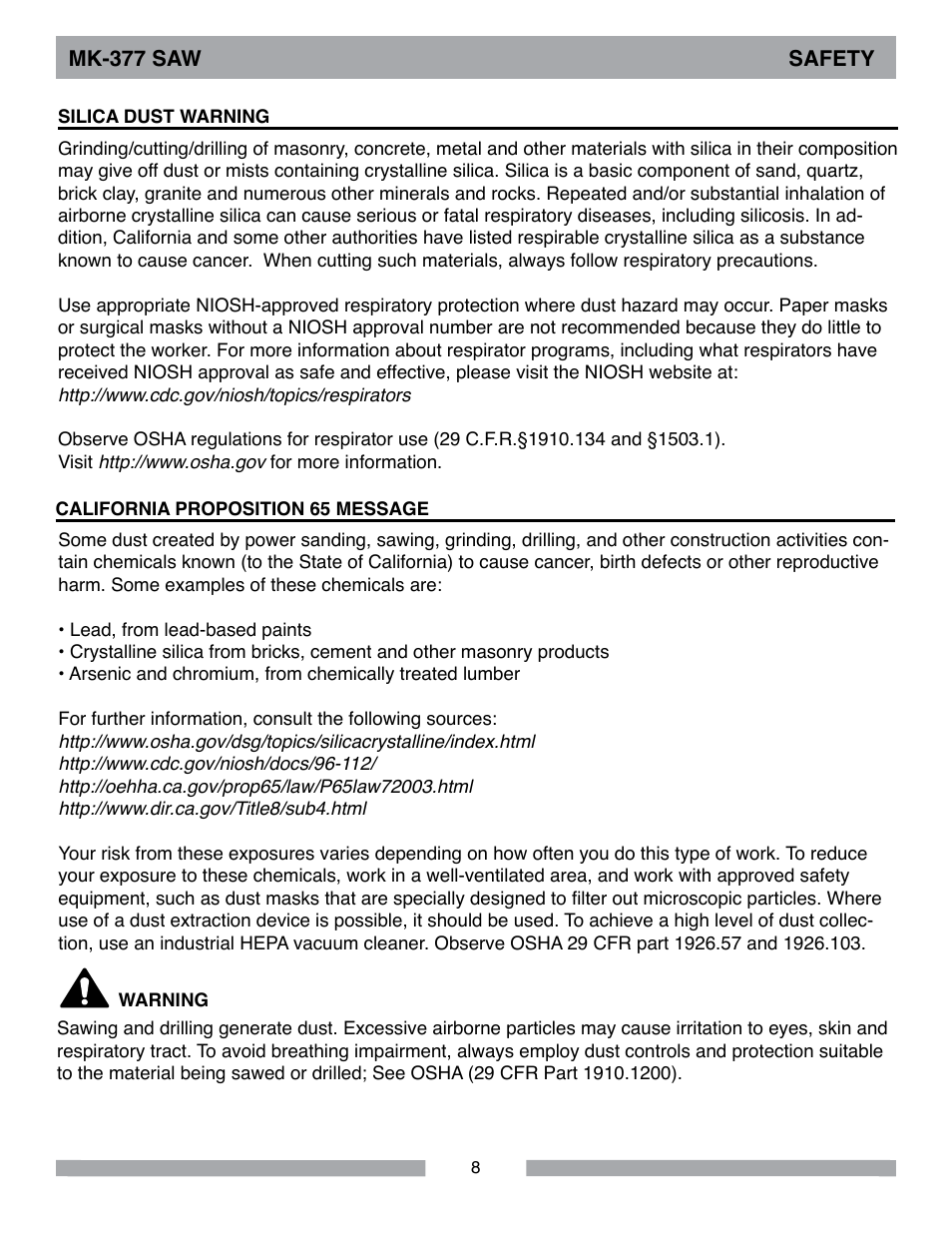 Mk-377 saw safety | MK Diamond MK-377 User Manual | Page 8 / 36