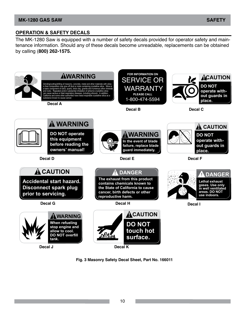 Service or warranty, Caution, Do not touch hot surface | Warning, Danger | MK Diamond MK-1280 Gas User Manual | Page 10 / 48